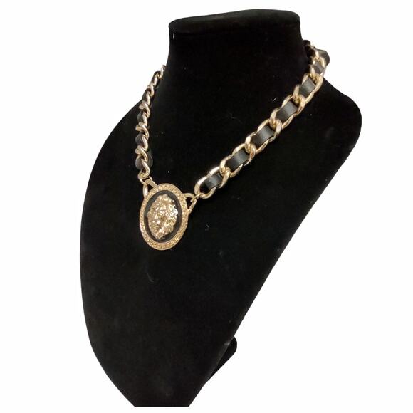 Gold Lions Face Medallion Necklace Black Leather Braided Chain Pendent Statement - Picture 5 of 8